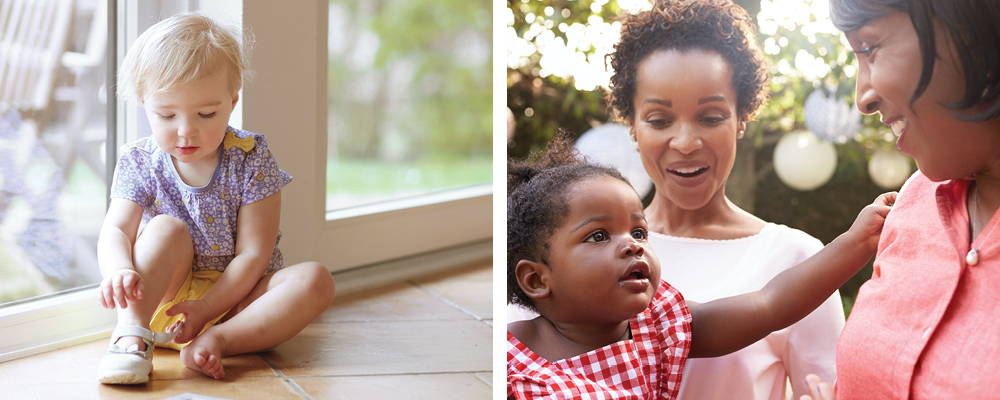 Two blocks, first is little girl tying her shoes; next shows smiling grandma and mother looking at a little toddler wearing a red gingham dress