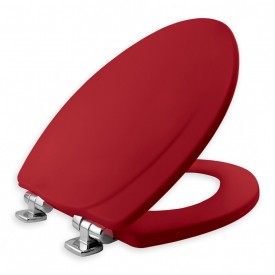 Red enameled wood Bemis toilet seat with chrome hinges